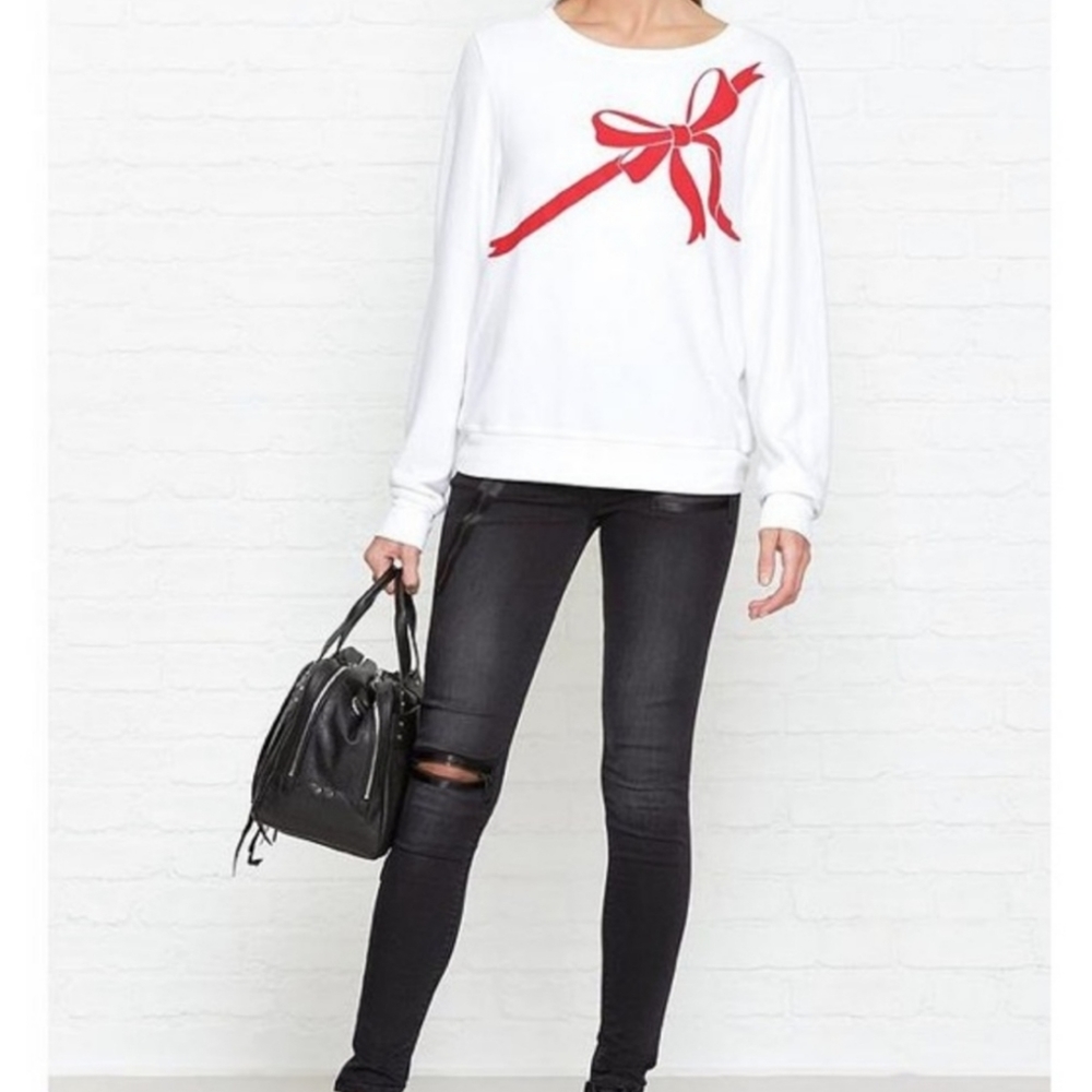 WILDFOX White French Terry  Red Ribbon Present Wrap Bow BBJ Jumper Pullover Top
